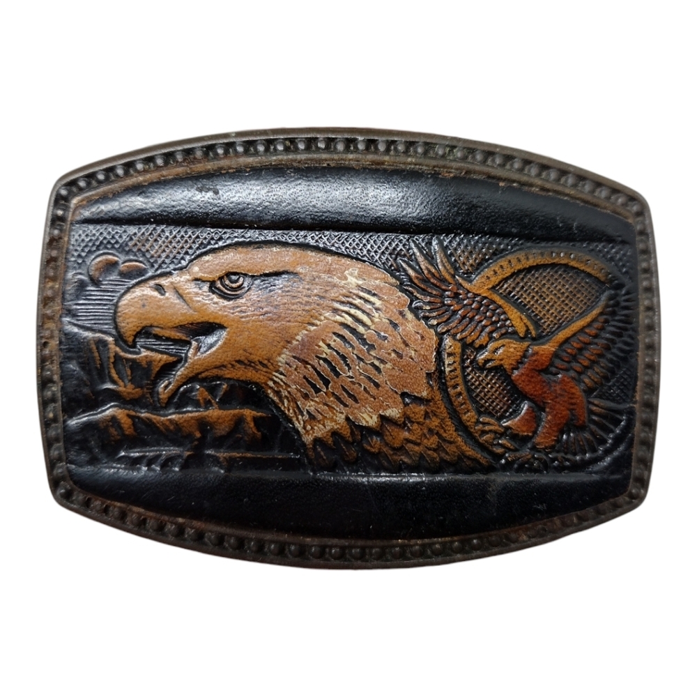 VTG Alumaline Cast Aluminum Brass Finish and‎ Leather American Eagle Belt Buckle